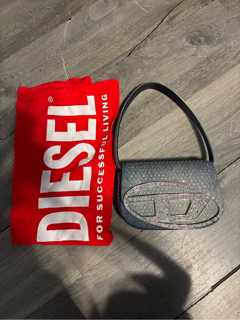 Denim Blinged Out Shoulder Bag